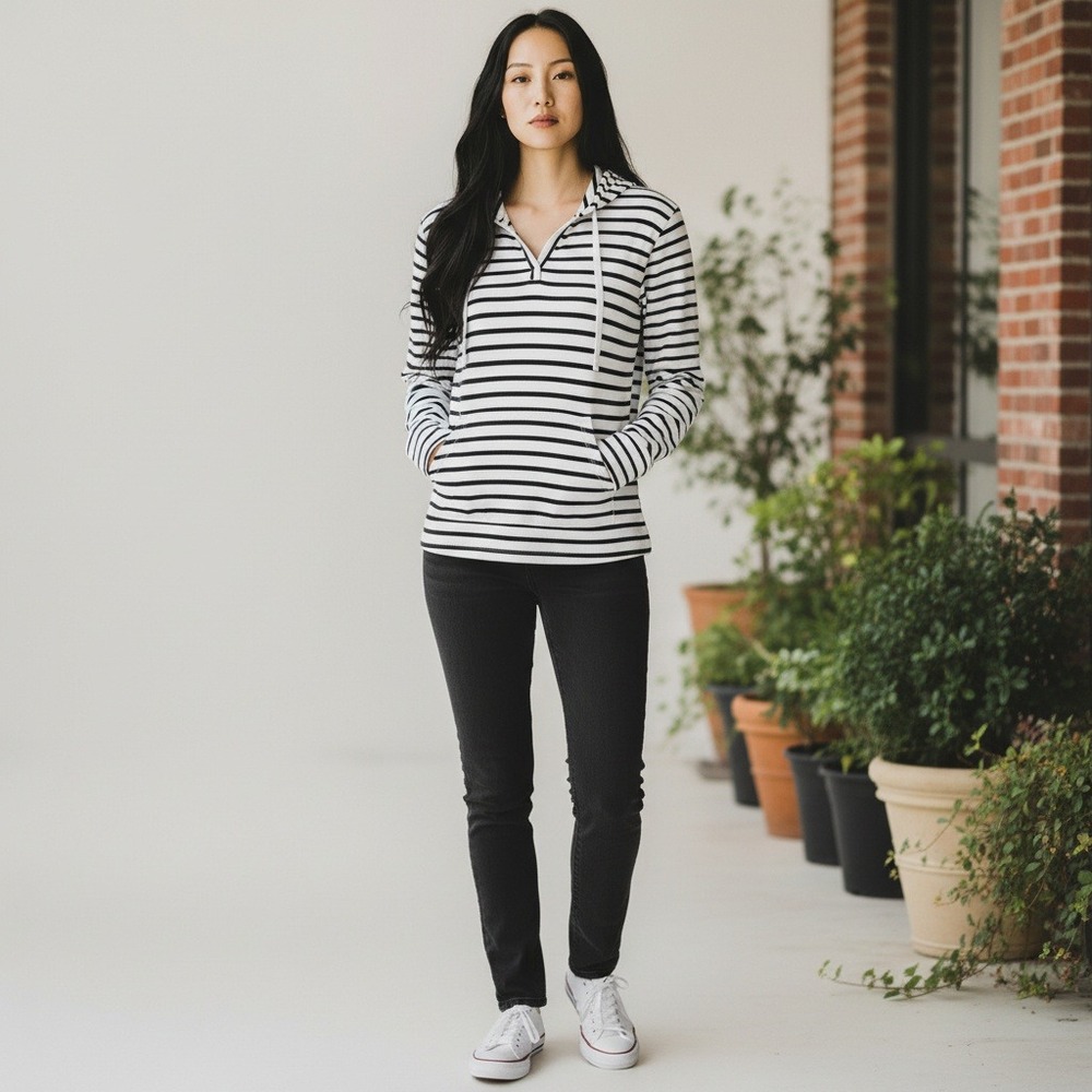 Market & Spruce Black White Striped Hoodie Pullover Long Sleeve Casual Size M - Picture 2 of 8